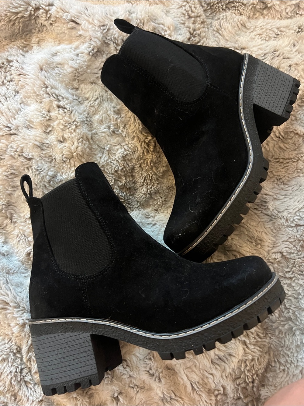 Rock & Candy Black Suede Chelsea Lug Heel Booties